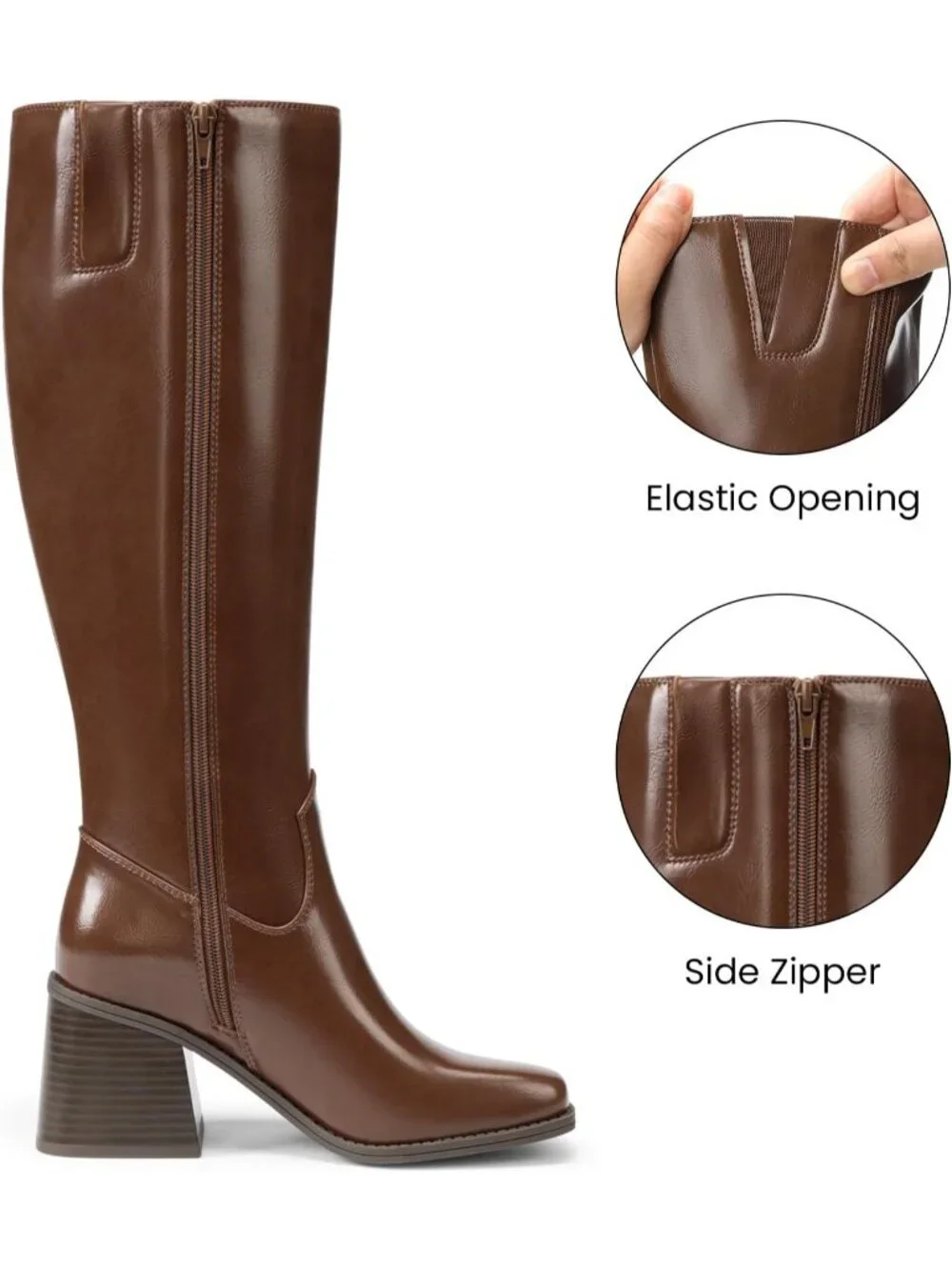 Women's Brown Chunky Block Heel Square Toe Side Zipper Knee High Boots